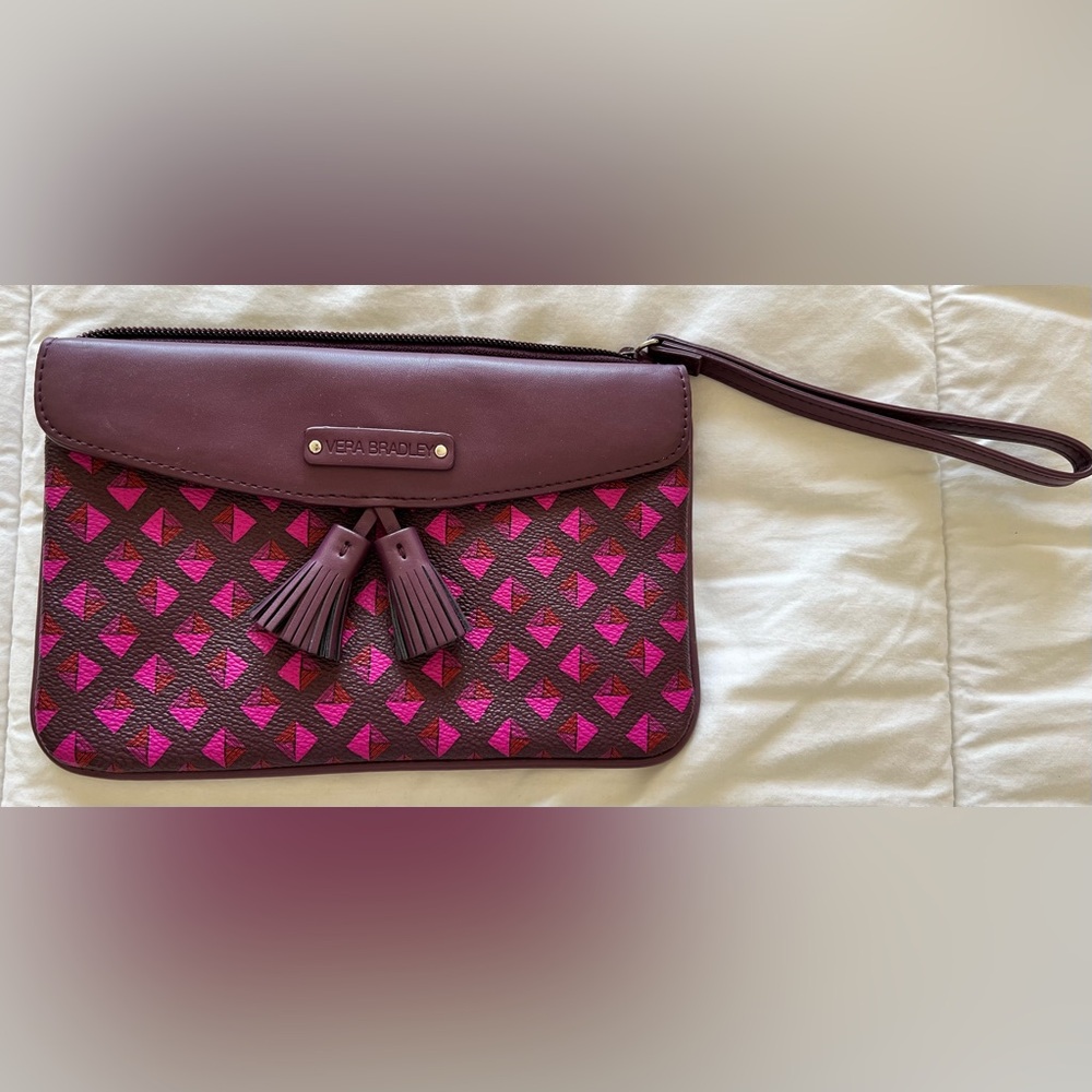 Vera Bradley leather wristlet. Plum with pink details.